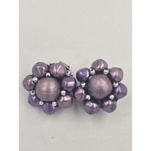 Vintage Japan Mid-Century Purple Lavender‎ Beaded Flower Clip On Earrings